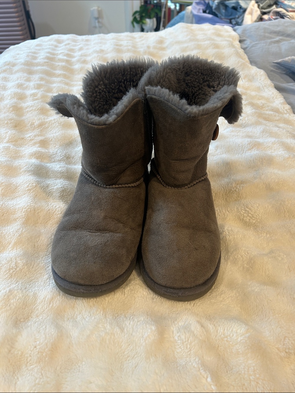 UGG Charcoal Suede Shearling Button Boot